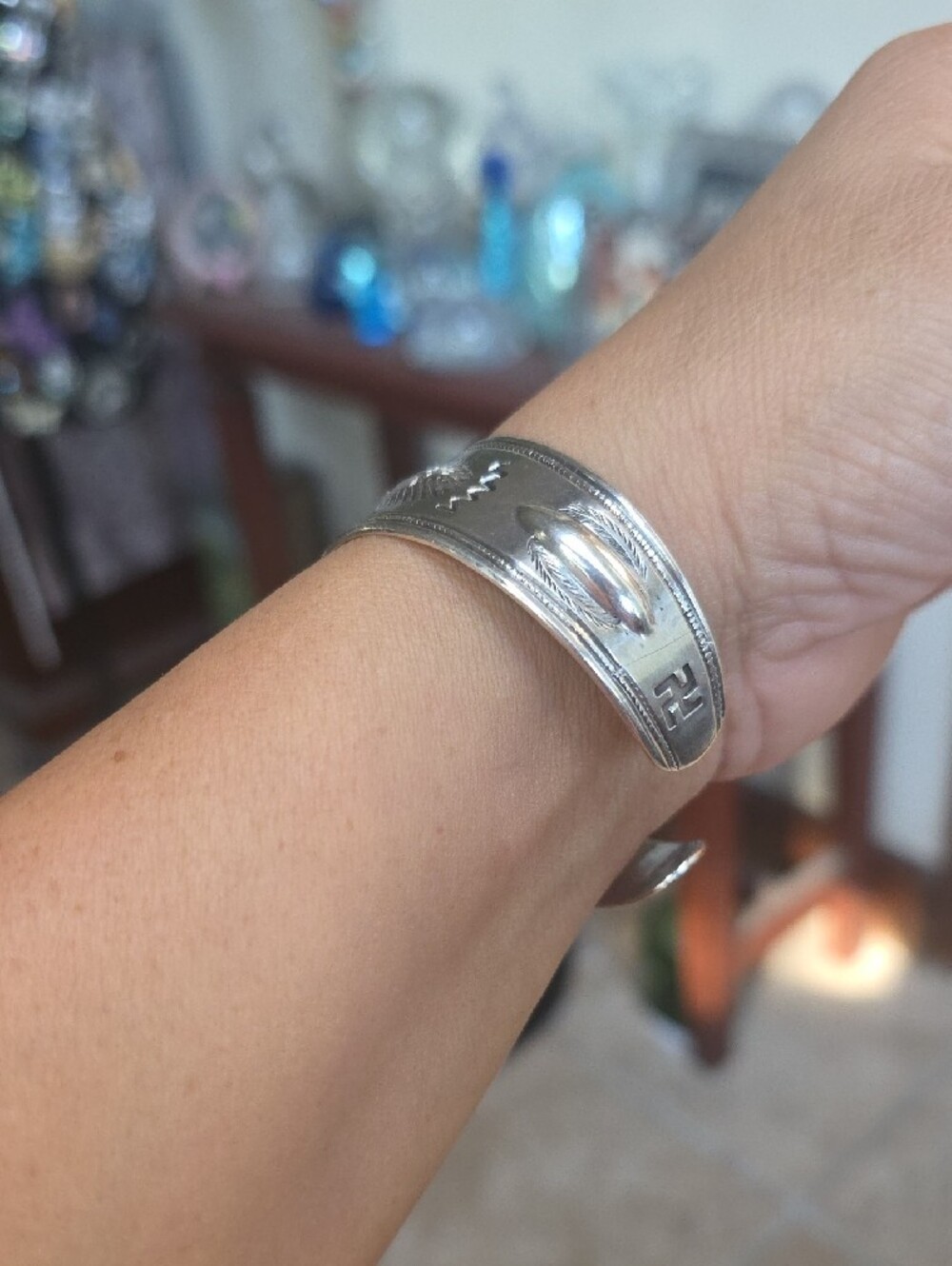Fred Harvey Era Sterling Silver Turquoise Cuff Sterling Whirling Log - Picture 6 of 9